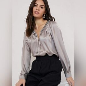 Jennifer Lopez Beige Satin Rhinestone Embellished  Blouse